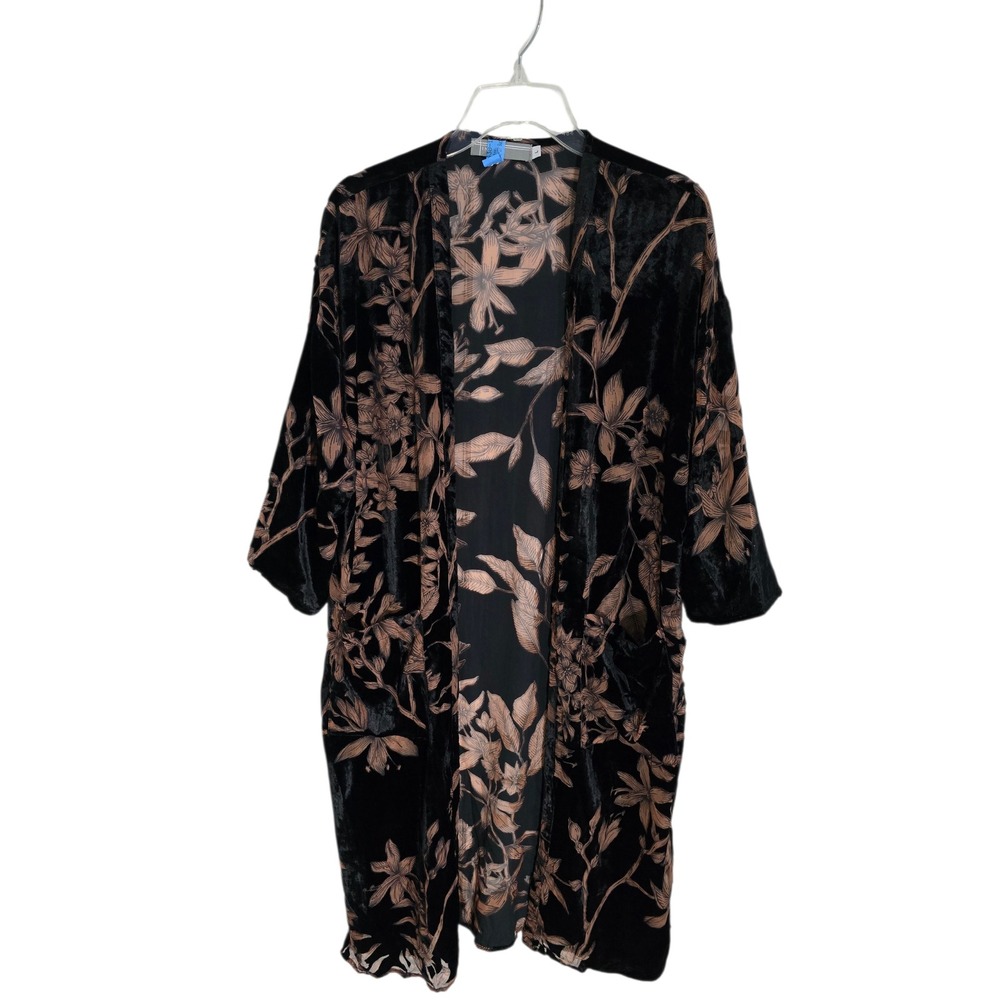 Index Women Black Velvet Floral Burnout Kimono Cardigan Jacket FJ2058 Large